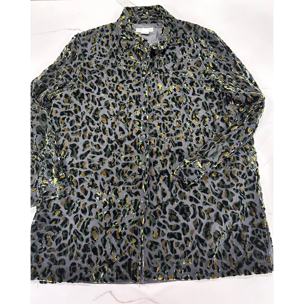 Annie Alexander‎ Green Gold Leopard Burnout Velvet Blouse Shirt Women Large L